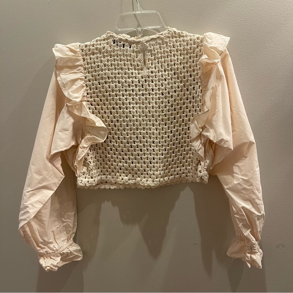 Zara Cream Crochet Front Ruffle Sleeve Blouse - Picture 2 of 9